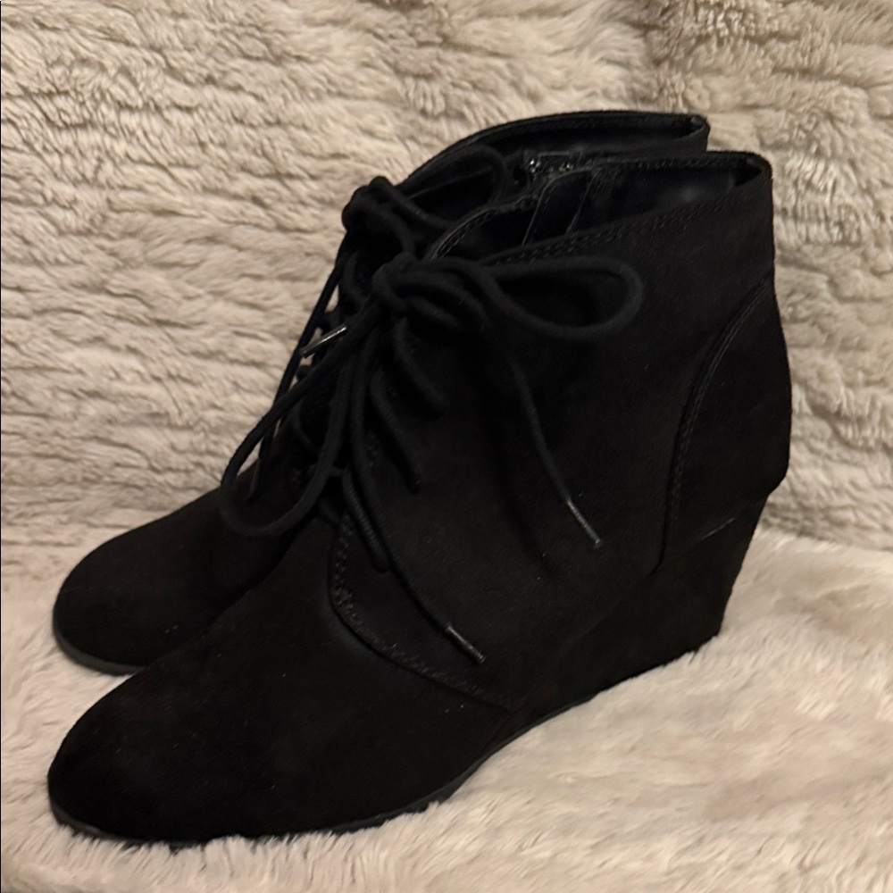 American Rag Black Lace-Up & Zip Wedge Booties
